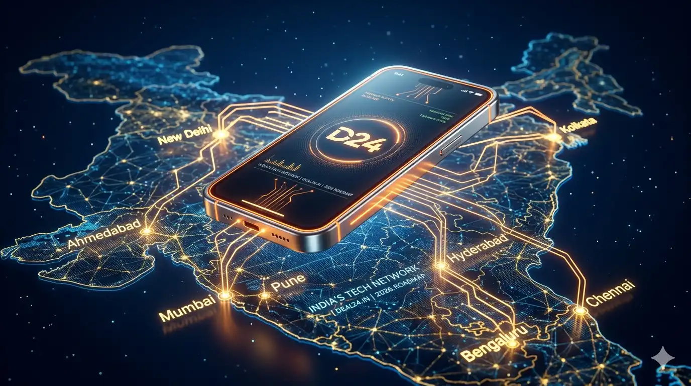 High-tech visualization of smartphone price reductions and logistics in India for Deal24.in (March 2026).