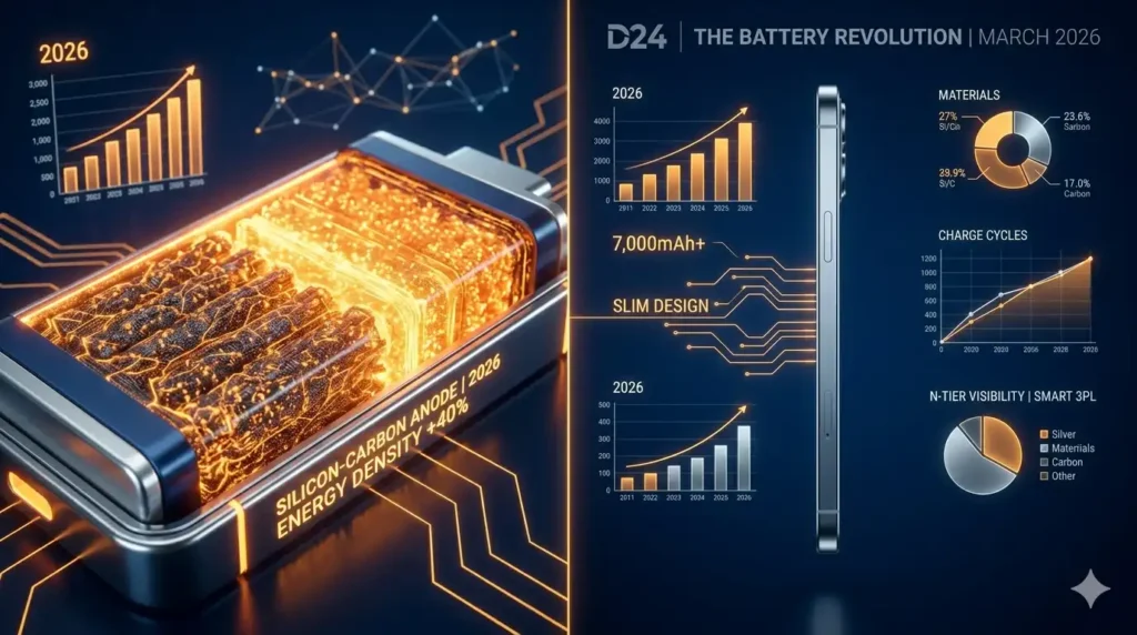 Splice-screen visualization of Silicon-Carbon high-density battery (Saffron glow) compared to an ultra-slim smartphone silhouette (Silver) for Deal24.in (March 2026).