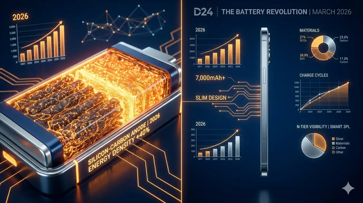 Splice-screen visualization of Silicon-Carbon high-density battery (Saffron glow) compared to an ultra-slim smartphone silhouette (Silver) for Deal24.in (March 2026).
