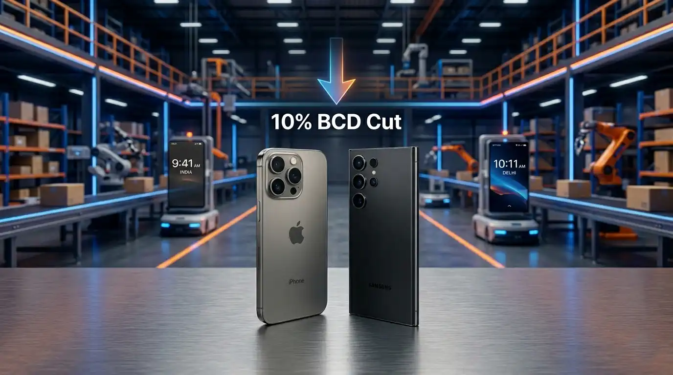 Comparison of iPhone 17 and Galaxy S26 prices following the India Budget 2026 BCD duty cuts, set against a warehouse environment.