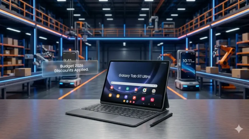 Samsung Galaxy Tab S11 Ultra on a desk, highlighting 2026 deals and budget price drops in India.