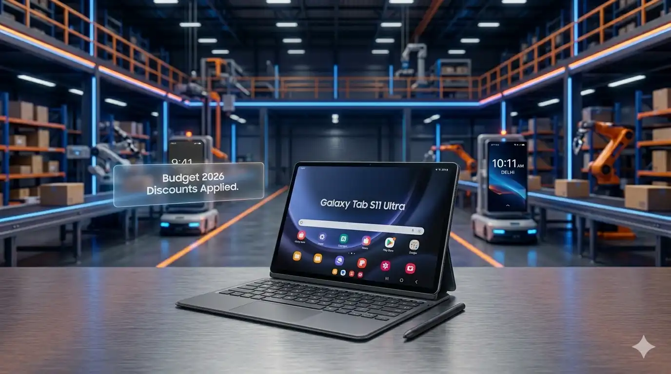 Samsung Galaxy Tab S11 Ultra on a desk, highlighting 2026 deals and budget price drops in India.